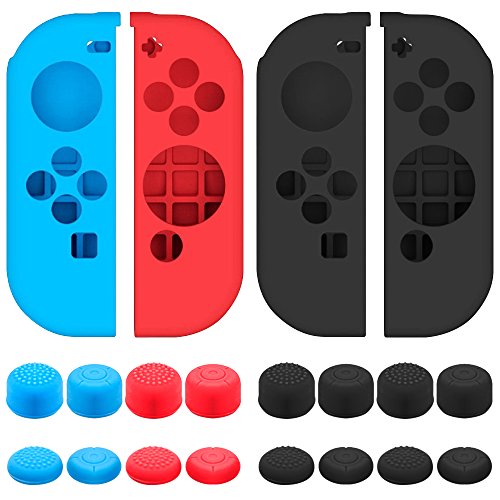 SENHAI Funda Aplicabilidad con Nintendo Switch Joy-con mandos con agarres de protección, 2 Pares de Funda de Silicona para joysticks con 16 Palos, Color Negro, Azul y Rojo