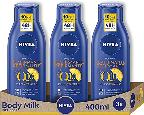 NIVEA Q10 Plus Vitamina C Body Milk Reafirmante (3 x 400 ml), loción corporal hidratante, crema reafirmante corporal con coenzima Q10, mejora la elasticidad de la piel