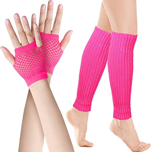 SATINIOR Set Calentadores de piernas elásticos y guantes de rejilla (Rosa Roja)
