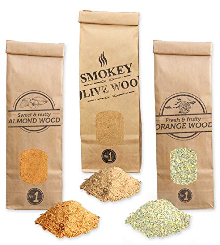 Smokey Olive Wood 3X 300ml, serrín de Madera para ahumar, Olivo + Haya, Naranjo, Almendro