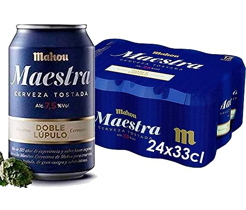 Mahou Maestra Doble Lúpulo, Cerveza Tostada Lager, Sabor Intenso y Espuma Cremosa, 7.5% Volumen de Alcohol, Pack de 24 Latas x 33 cl