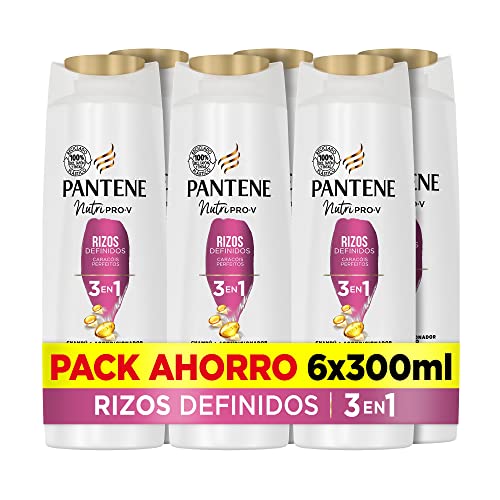 Pantene Champú + Acondicionador + Tratamiento 3en1 Rizos Definidos Nutri Pro-V, con fórmula Pro-V para cabello encrespado y rebelde, 300 ML x 6