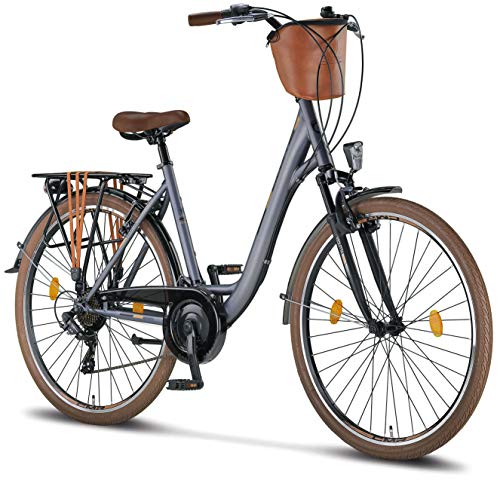 Licorne Bike Bicicleta de ciudad prémium de 24,26 y 28 pulgadas, para niños, hombres y mujeres, 21 velocidades, bicicleta holandesa, Violetta, antracita