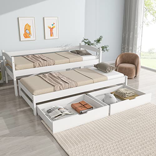 Merax Sofá cama de 90 x 200 cm, cama de día con 2 cajones, cama funcional con somier, cama nido individual y doble, marco de madera maciza, para niñas y niños, color blanco