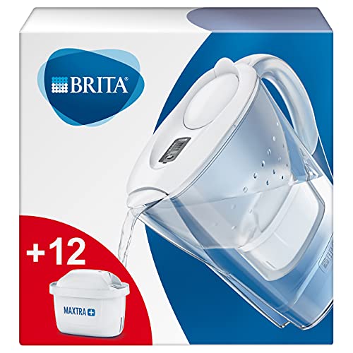 BRITA Jarra con filtro de agua para nevera Marella para reducir el cloro, la cal y las impurezas, incluye 12 cartuchos de filtro MAXTRA+, 2.4L, blanco