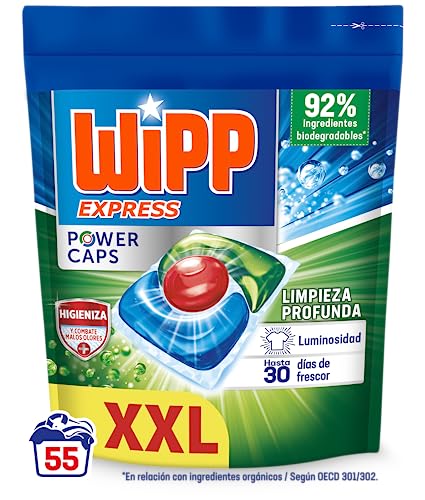 Wipp Express Power Caps Higiene y Antiolores Detergente en Cápsulas para Lavadora, 55 dosis, Limpieza Profunda, Eficaz en agua fría, versión antigua