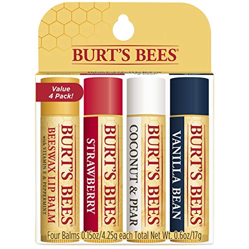 Bálsamo labial hidratante de origen 100 % natural Best of Burt's Bees. Pack múltiple con cera de abejas original, fresa, coco y pera y vainilla con cera de abejas y extractos de frutas - 4 tubos