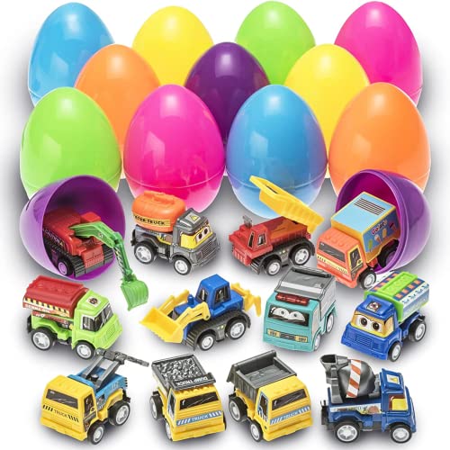 Huevos de Pascua Prextex Rellenos de vehículos de construcción retráctiles, Juego de 12 Huevos para Buscar Huevos de Pascua con niños, Rellenos de Bolsas de Fiesta, Regalos de Pascua y Juegos