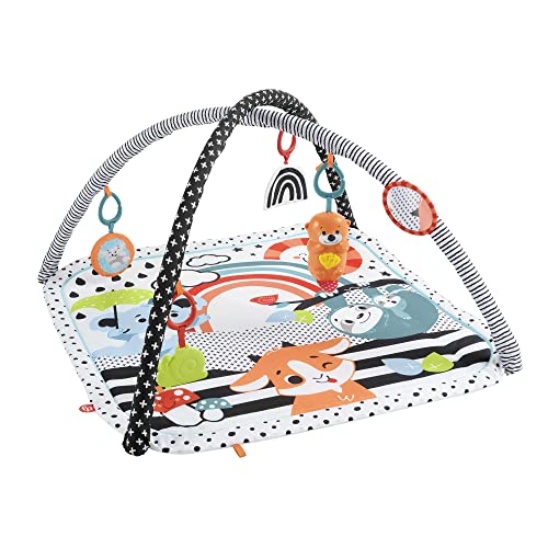 Fisher-Price Alfombra gimnasio 3 en 1, estampado animalitos divertidos, manta para bebé recién nacido con accesorios (Mattel HBP41)