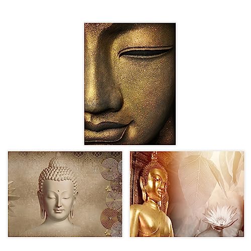 LOLAhome Set de 3 cuadros impresión dorados de Buda sobre lienzo de 30x40 cm