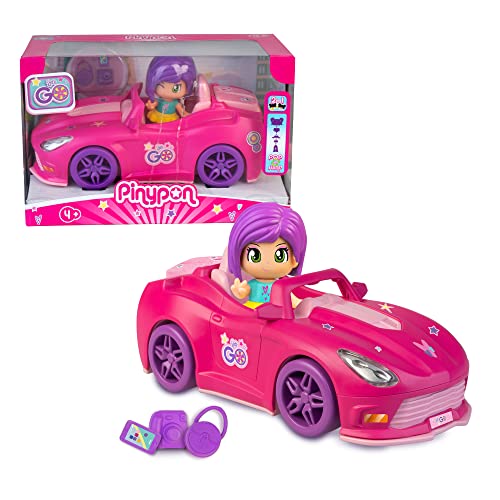 Pinypon - Let's Go! Coche de Pinypon de color rosa, con maletero para guardar los 3 accesorios pequeños, y mini figura de una muñeca Pop&Swap, para niños y niñas desde 3 años, Famosa (PNY37100)