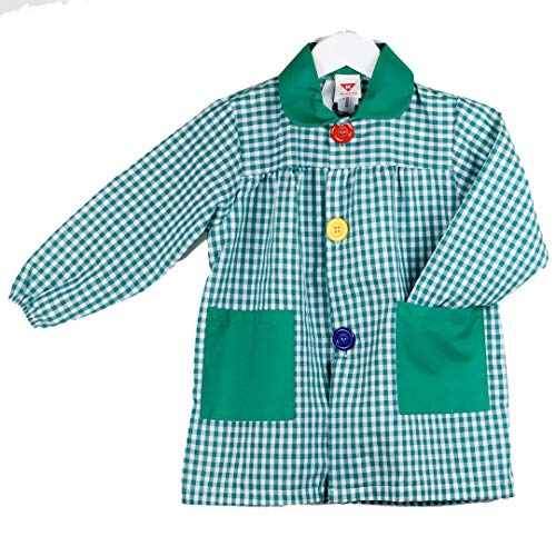 KLOTTZ 901B - Babi cuadros guardería Bata escolar con botones y amplio colorido. Protección ropa en comedores y manulidades en casa. Niñas color: VERDE talla: 4
