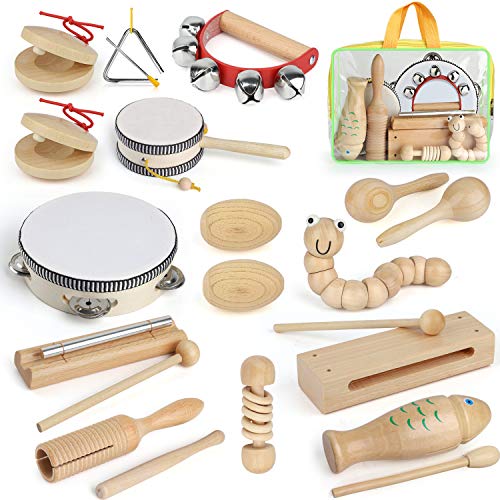 AILUKI Instrumentos musicales de madera, 21 piezas, juego de instrumentos musicales, juego de percusión, juguete para niños pequeños