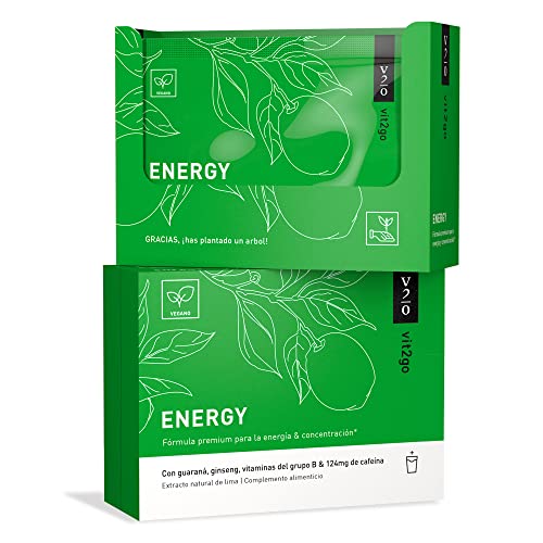 Vit2go ENERGY (10 sobres) - Bebida energética con cafeína (124 mg), guaraná y taurina, Complejo vitamínico con minerales (8 vitaminas B y aminoácidos esenciales, magnesio, calcio, zinc), vegano