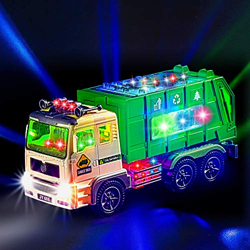 Zetz Brands Camión de basura de juguete para niños con luces y sonidos 4D, funciona con pilas, auto automático Bump & Go - Calcomanías para camiones de saneamiento