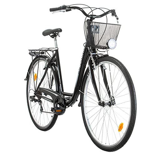 Multibrand Distribution Probike 28 Pulgadas Bicicleta de Ciudad 7 Velocidades, Cesta, Iluminación de Bicicleta, Mujeres, Hombres adecuados de 170-185 cm (Negro Gris)