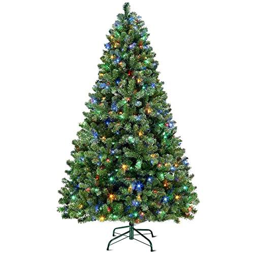 SHareconn Árbol de Navidad Artificial Preiluminado con Bisagras de 229cm, con 470 Luces Blancas Cálidas & Multicolores, con 1440 Puntas de Rama y Soporte de Metal Plegable