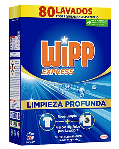 Wipp Express Limpieza Profunda (80 lavados), detergente en polvo quitamanchas, para lavadora, coladas higiénicamente limpias