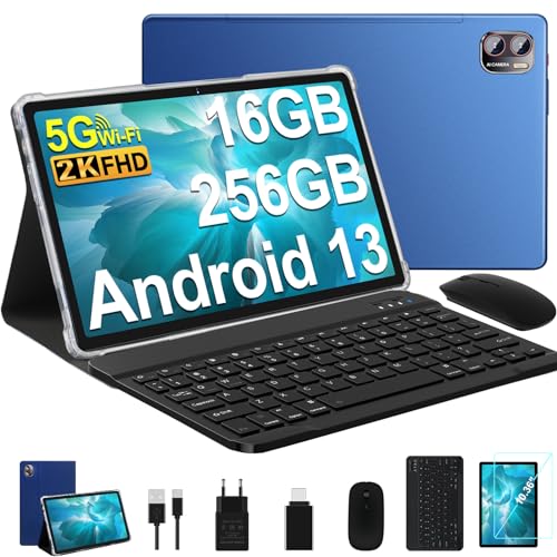 MEBERRY Tablet Android 13 Pantalla 2K Tablet 16GB RAM + 256GB ROM + TF 1TB / 2000 x 1200 Pixels / 8600 mAh / 5MP + 13MP / 5G WiFi/Bluetooth 5.0, Tablet con Ratón Teclado Azul