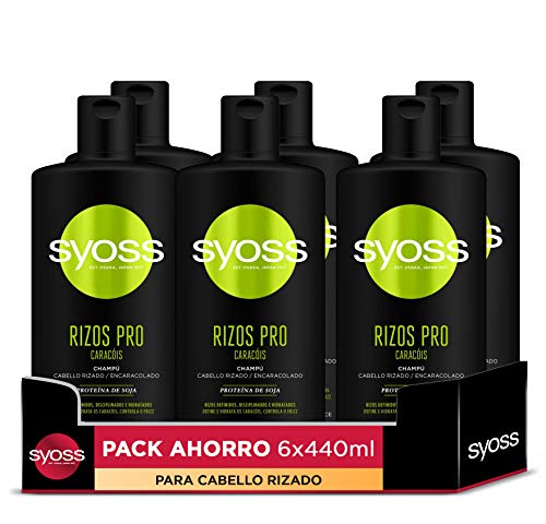 Syoss Rizos Pro Champú para cabello rizado y ondulado (6 x 440 ml), fórmula profesional con ingredientes naturales y efecto anti frizz, apto para el método curly