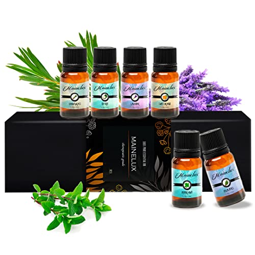 MAINELUX Aceites Esenciales para Humidificador, 100% Natural Aromaterapia Top 6 Set de Regalo de Aceites Aromáticos 6 x 10 ml(Lavanda, Hierba de Limón, Menta, Eucalipto, Árbol de té y Naranja dulce).