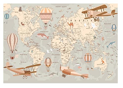 Papel Pintado Infantil Mapa mundi Avión Niño - Impresión de látex - Incluye Pegamento - Fotomurales Pared Tejido No Tejido Decorativos Murales Fotográfico Moderno Decoración de Paredes (416x254 cm)