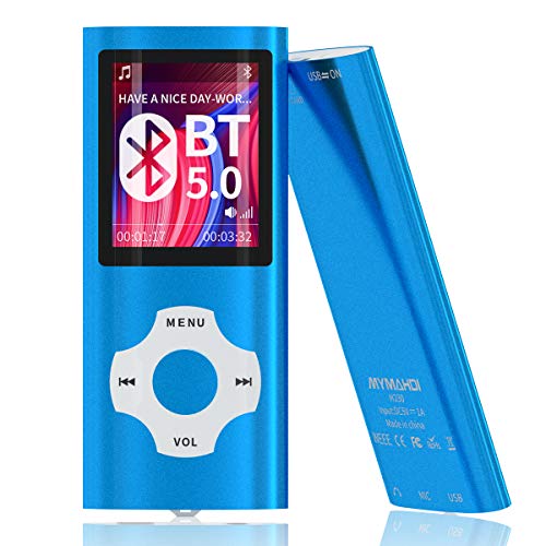 MYMAHDI Reproductor de MP3 / MP4 Bluetooth 5.0 con Tarjeta de Memoria de 32GB, Pantalla LCD de 1.8 Pulgadas, soporta hasta 128GB, Video/grabación de Voz/Radio FM, Lector de Libros