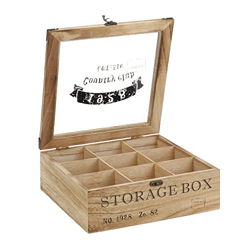 ToCi Caja de té de madera natural con 9 compartimentos, cuadrada, caja de té, caja de almacenamiento, 24 x 24 x 8,5 cm (largo x ancho x alto), diseño retro