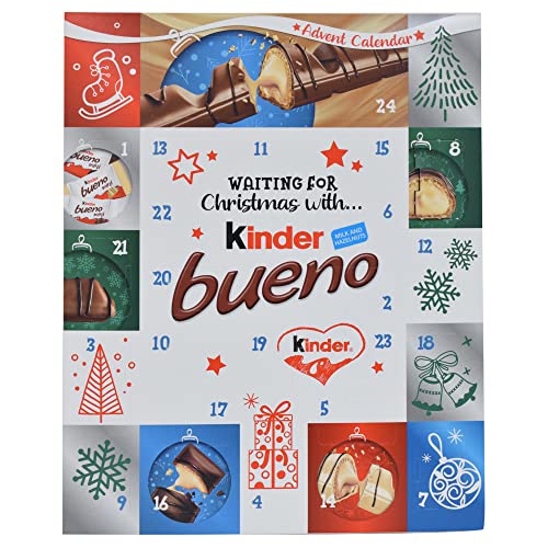 Kinder Bueno Calendario de Adviento 2023, regalo de chocolate de Navidad, 24 obleas cubiertas de chocolate con leche surtidas con relleno de leche y avellana, (167 g)