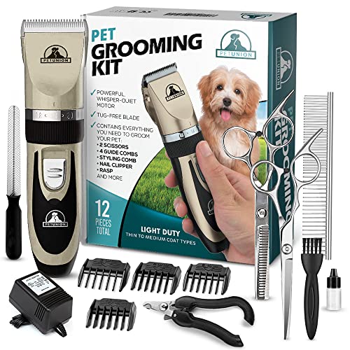 Pet Union Professional Dog Grooming Kit - Cortapelos recargables e inalámbricos para mascotas y juego completo de herramientas para el cuidado de perros. Poco ruido y apto para todas mascotas (dorado)