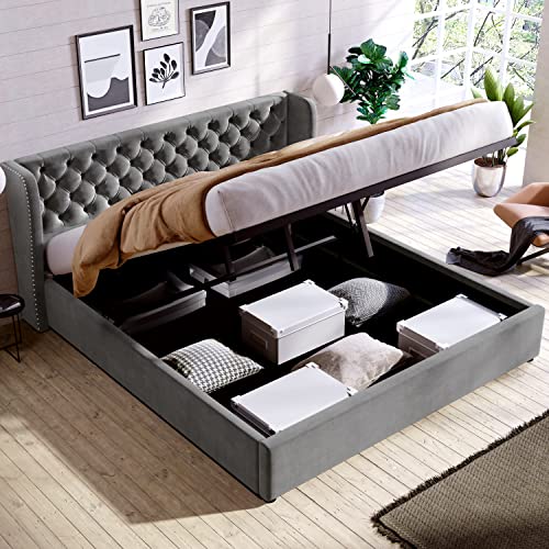 Merax Canapé tapizado, cama doble de 180 x 200 cm, cama de terciopelo con somier de listones y espacio de almacenamiento, marco de cama acolchado con diseño de rombos, estilo sencillo, color gris