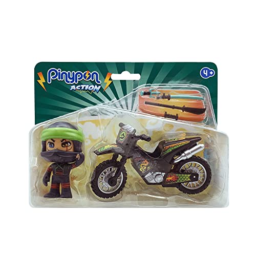 Pinypon Action - The Ninja Motorbike Demon, moto deportiva negra, detalles de dragón para figura de acción, 1 muñeco y accesorios de juego, juguete para niños y niñas desde 4 años, Famosa (PNC25000)