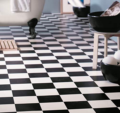 Suelo de PVC con aspecto de tablero de ajedrez (9,95 €/m²), corte (4 m de ancho, 2 m de largo).
