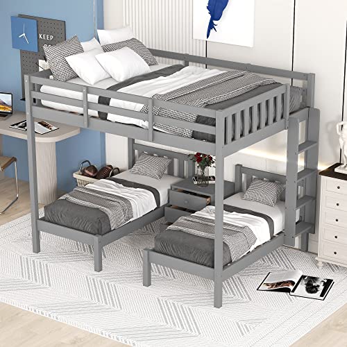KecDuey Litera, cama doble superior de 140 x 200 cm, dos camas inferiores de 70 x 140 cm, cama alta 3 en 1, litera con mesita de noche