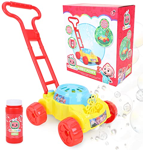 Cortacésped de burbujas Toyland® Cocomelon - Cortacésped de juguete para empujar con máquina de burbujas - Funciona con pilas - Juguetes para exteriores y juegos de jardín - Juguetes de burbujas