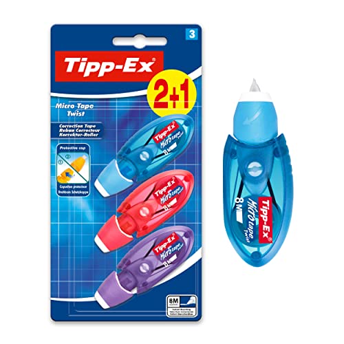 BIC Tipp-Ex Cinta Correctora de Bolígrafos, Óptimo para Material Escolar, Micro Tape Twist, 8m x 5mm, Con Cabezal Rotativo, Blíster de 3, Multicolor