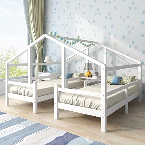 Moimhear Cama de casa para 2 niños, dos camas individuales bajo un techo en diseño de cama con mesita de noche y somier, cama juvenil de 90 x 200 cm, con protección contra caídas, color blanco