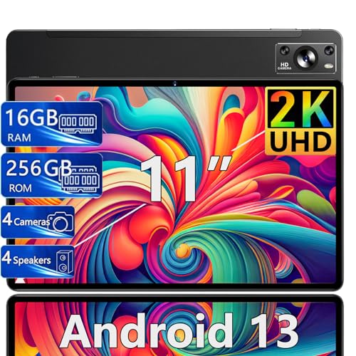 2024 Newest Tablet 11 Pulgadas 2K Octa-Cores 16GB RAM + 256GB ROM (1TB TF), 2K Pantalla 2000*1200, Android 13, WiFi 5G, BT 5.0, 4 Altavoces, 8600mAh, 13MP Cameras, Cuerpo Metálico, con Funda, Negro