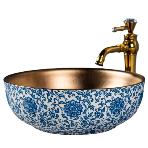 Fregadero de lujo, azul y oro color arte cerámica encimera lavabo para baño y granja, vanidad lavandería diámetro: 41 cm