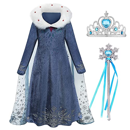 Beejirm Disfraz de princesa Elsa para niña, con capa de copos de nieve, con cuello de peluche, vestido de princesa para cosplay, carnaval, Halloween, fiesta de Navidad