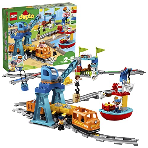 LEGO Duplo Tren de Mercancías Teledirigido de Juguete con Luz y Sonido, Accesorios de Comida, Vías, Figuras y Grúa, Regalos para Niños y Niñas de 2,3,4 y 5 Años 10875