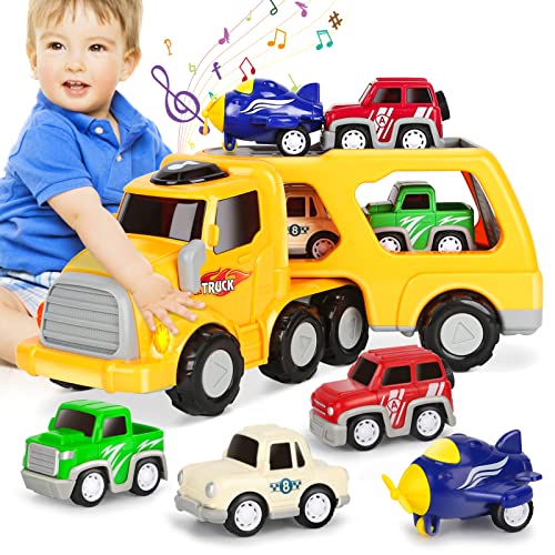 Aoskie Camion Transportador de Coches para Niños, 5 in 1 Coches Juguete con Sonido y Luces Regalo para Niños Bebe 1 2 3 4 Años