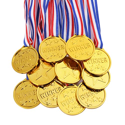 flintronic 12PCS Medallas de Ganador de Oro, Medallas de Ganador de PláStico Dorado para Niños, Medallas para Niños, con Cintas para el Cuello, para el Juego de Fiesta del Día del Deporte Escolar