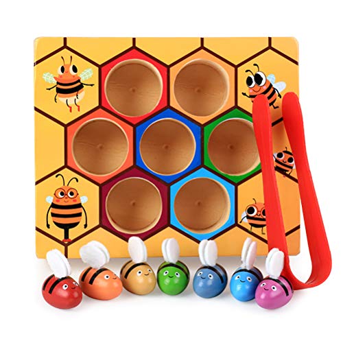 Atrumly Juego de madera de colmena de abeja a juego, colorido juego de madera de colmena de abeja juego de clasificación de colores juguete de educación temprana regalo para niños niños