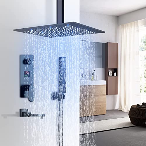 Sistema de ducha empotrado con LED, 3 funciones, 30,5 cm, juego de ducha con techo, instalación de ducha, alcachofa de mano, bañera, color negro mate