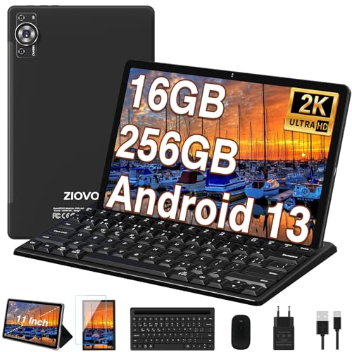 ZIOVO 2024 Newest 2K Tablet 11 Pulgadas 16GB RAM+256GB ROM/1TB TF, Android 13 Tablet PC, Cores 2.0GHz, 5G WiFi, 2000*1200 FHD IPS, 8600mAh, 5+13+2MP, BT 5.0, Certificada GMS, Tableta con Teclado-Negra