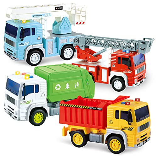 4 Pack de Vehículos Urbanos de Fricción, Camión de Basura, Camión de Bomberos, camión Elevador de Pluma y camión volquete de construcción con Luces y Sonidos