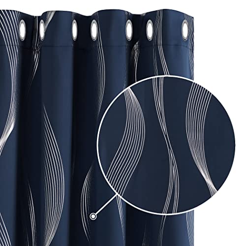 Deconovo Cortinas Opacas Diseño Líneas Onduladas Plateadas para habitación con Ojales 2 Piezas 117 x 183 cm Azul Marino