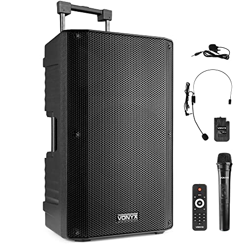 Vonyx VSA700-BP Altavoz portatil 15 Pulgadas y 1000w con batería, 3 micrófonos inalámbricos, Bluetooth 5.0, MP3, Amplificador Incorporado, Ideal presentaciones, conferencias, músicos, DJ, Fiestas