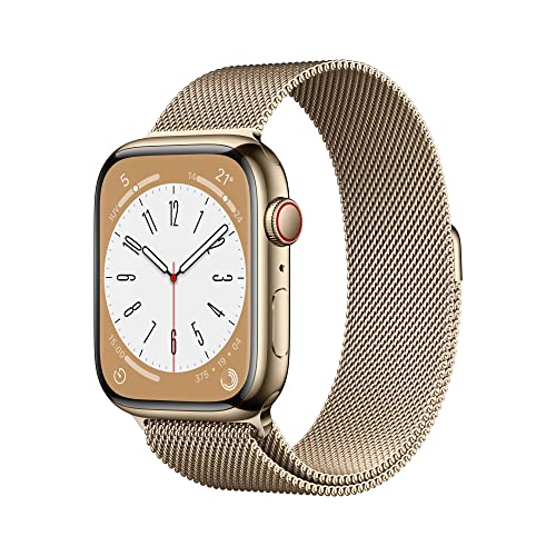 Apple Watch Series 8 (GPS + Cellular, 45mm) Reloj Inteligente con Caja de Acero Inoxidable en Oro - Pulsera Milanese Loop en Oro. Monitor de entreno, Resistencia alagua